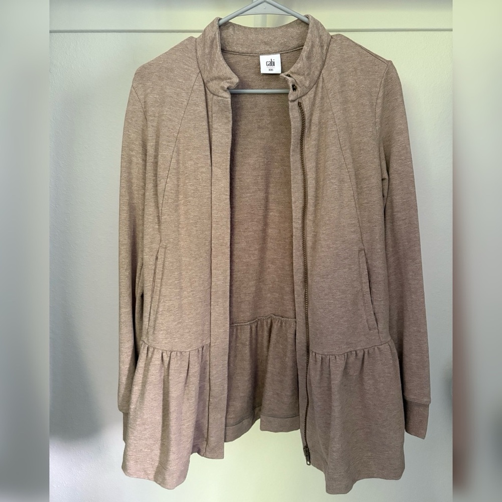 cabi Dark Beige Sweater Jacket with Ruffled Peplum